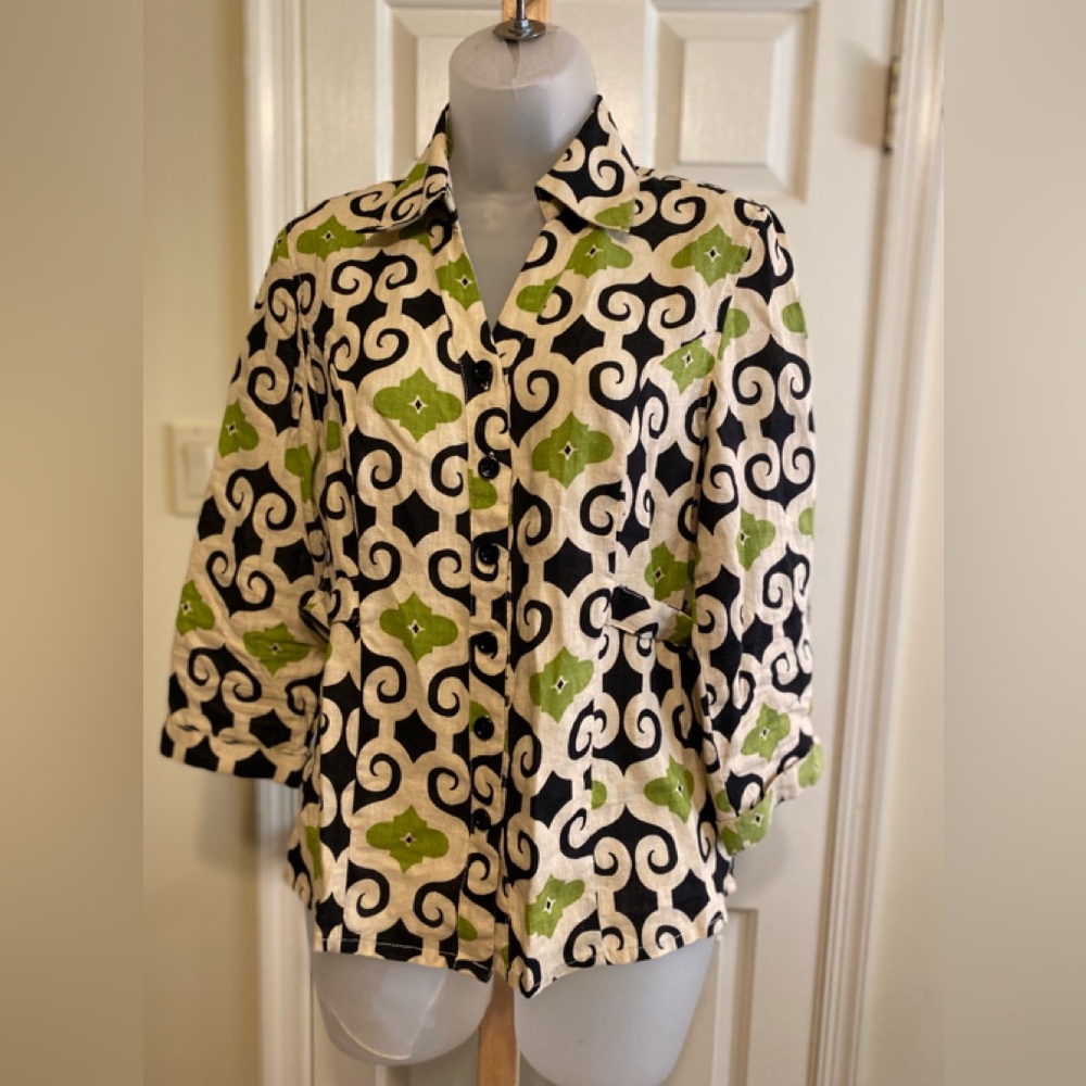 David Brooks - Linen button down abstract pattern v-neck shirt & 3/4 sle…